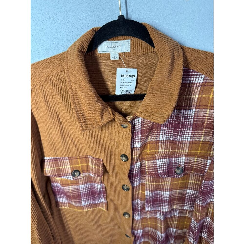 NWT N.Y.L.A. Patchwork Corduroy Flannel Shacket Womens Large‎ Brown/Burgundy - Picture 3 of 12